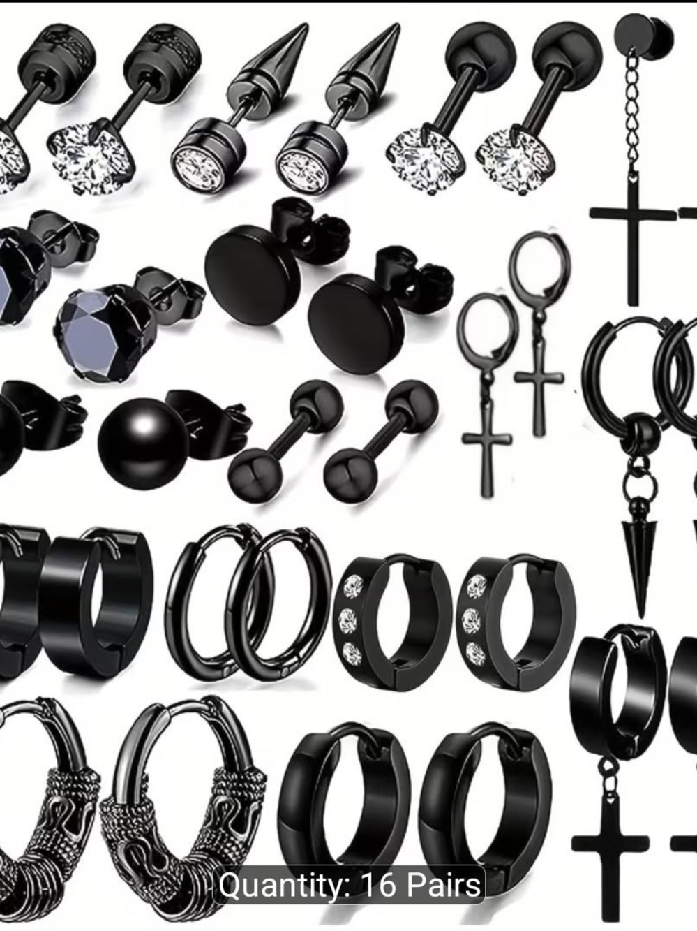 Goth Black Stainless Steel Earring Set - 16 Pairs